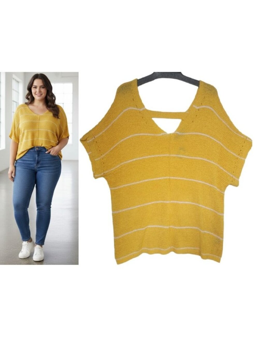 APT9 Womens Boho Yellow Striped Knit Tunic Top Sz XXL V-Neck Short Sleeve Blouse